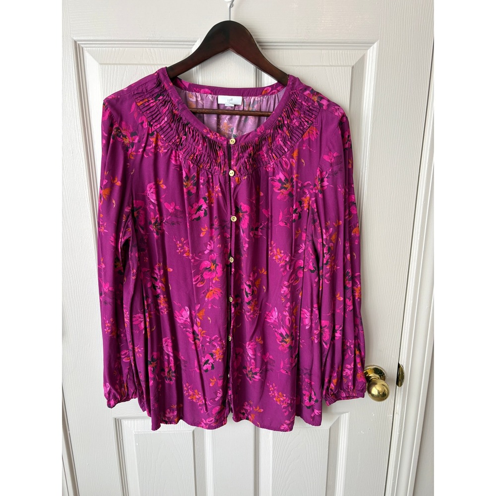 J. Jill Floral Blouse Women XL Magenta Excellent Pintuck Pleat Button Front